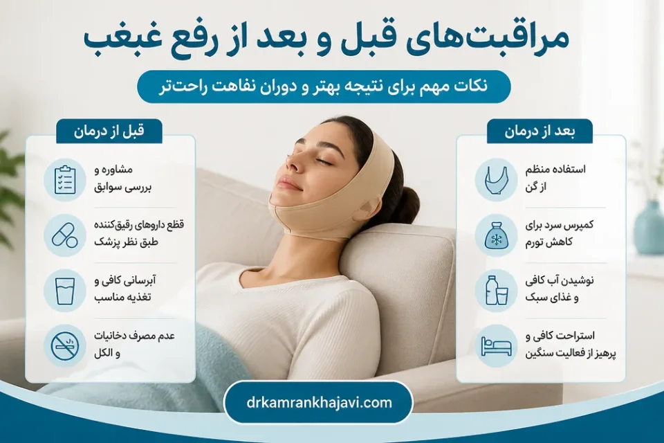 مراقبتهای قبل و بعد از رفع غبغب — مراقبت پس از ساکشن غبغب با استفاده از گن زیر چانه